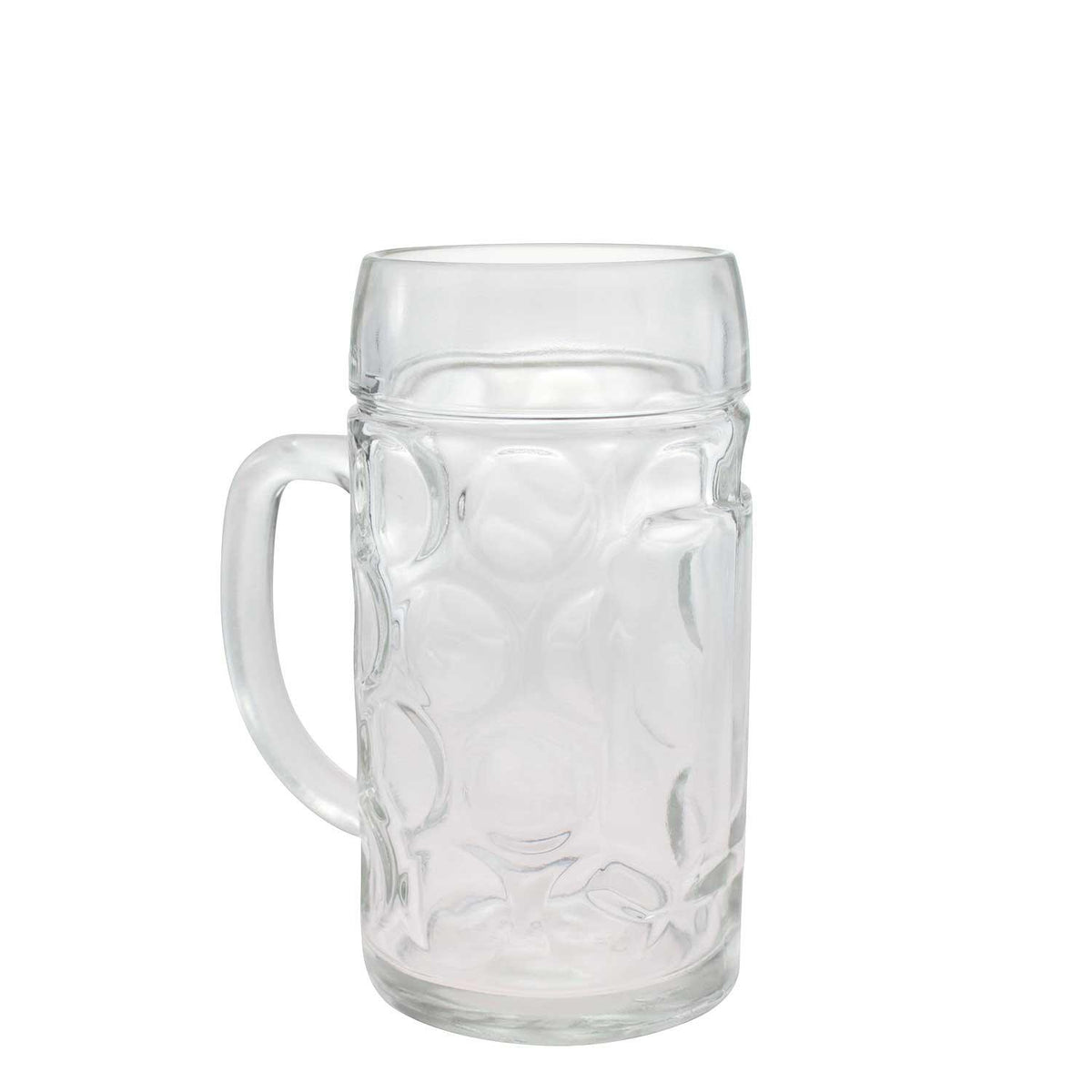 Transparenter Bierkrug aus Glas mit Henkel und traditioneller Noppenstruktur für 1 Liter Füllmenge.