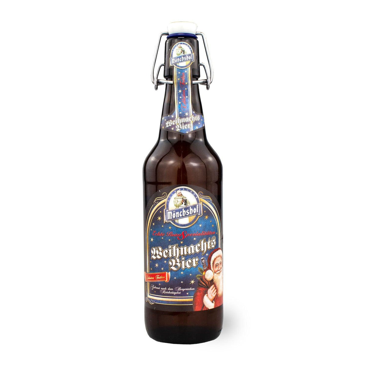 Koids Glüh-Bier in einer Bügelverschlussflasche mit Weihnachtsmann-Etikett und Sternenmuster.