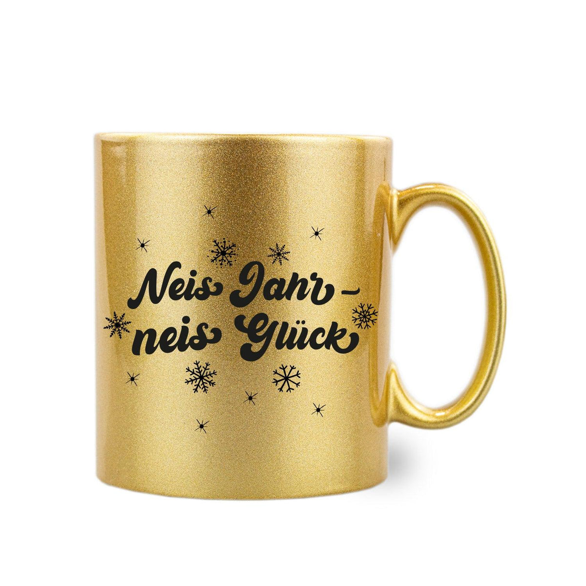 Gold-Glitzer-Haferl Neis Jahr - neis Glück mit schwarzem Spruch und Schneeflocken-Design.