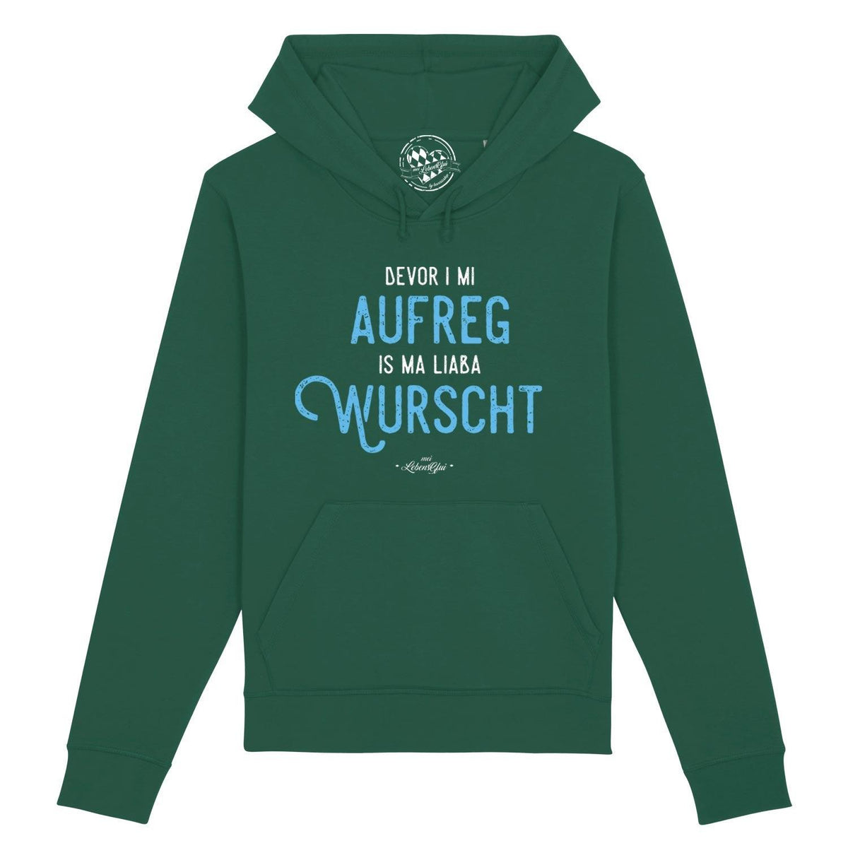 Grüner Hoodie Bevor i mi aufreg... mit frechem bayerischem Spruch in Blau auf Brust, Kapuze und Bauchtasche.