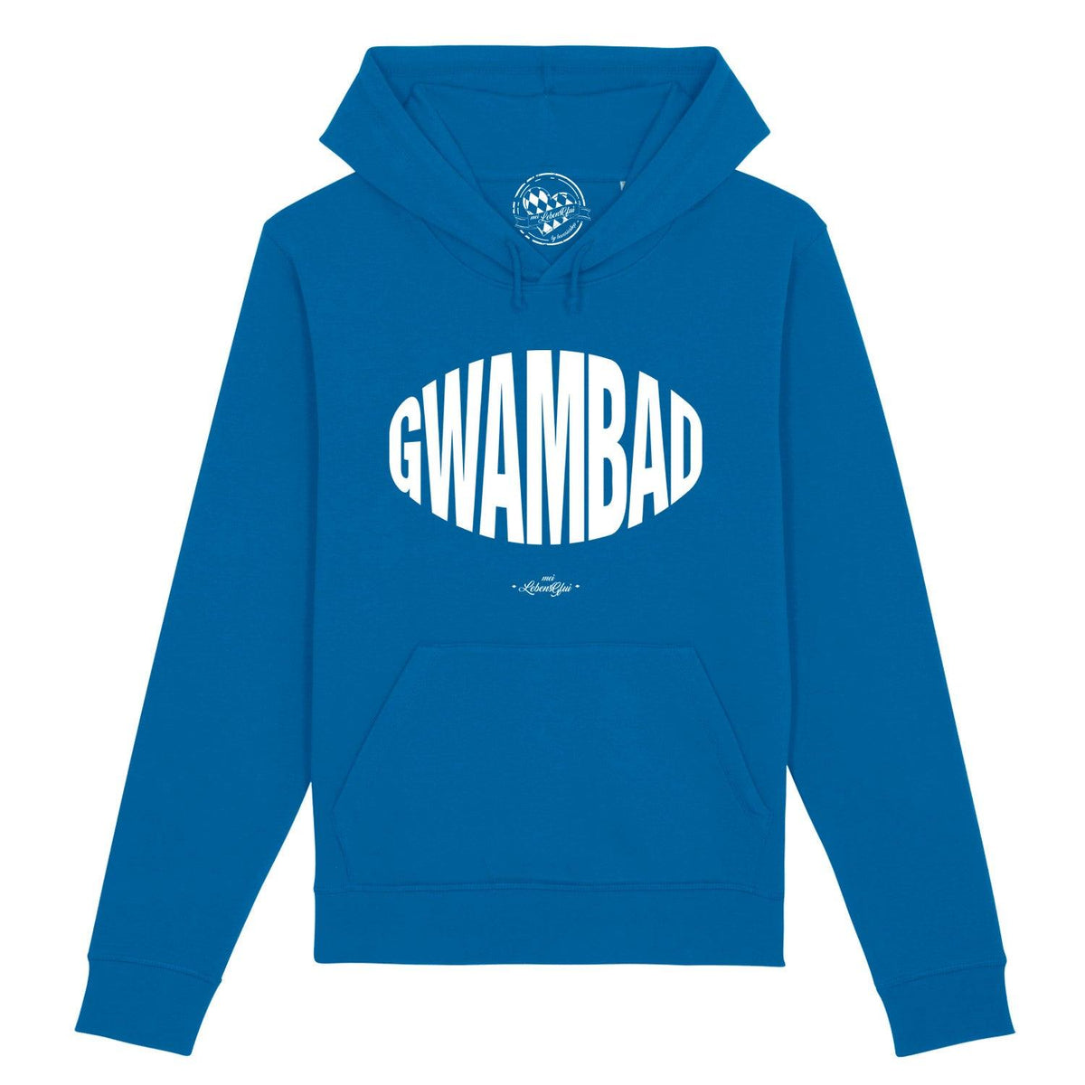 Herren Hoodie "Gwambad" in leuchtendem Königsblau, mit weißem "GWAMBAD" Logoprint und Kängurutasche.