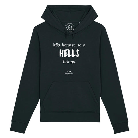 Dunkelblauer Herren Hoodie "Mia konnst no a Hells bringa" mit weißem Schriftzug und Kapuze.