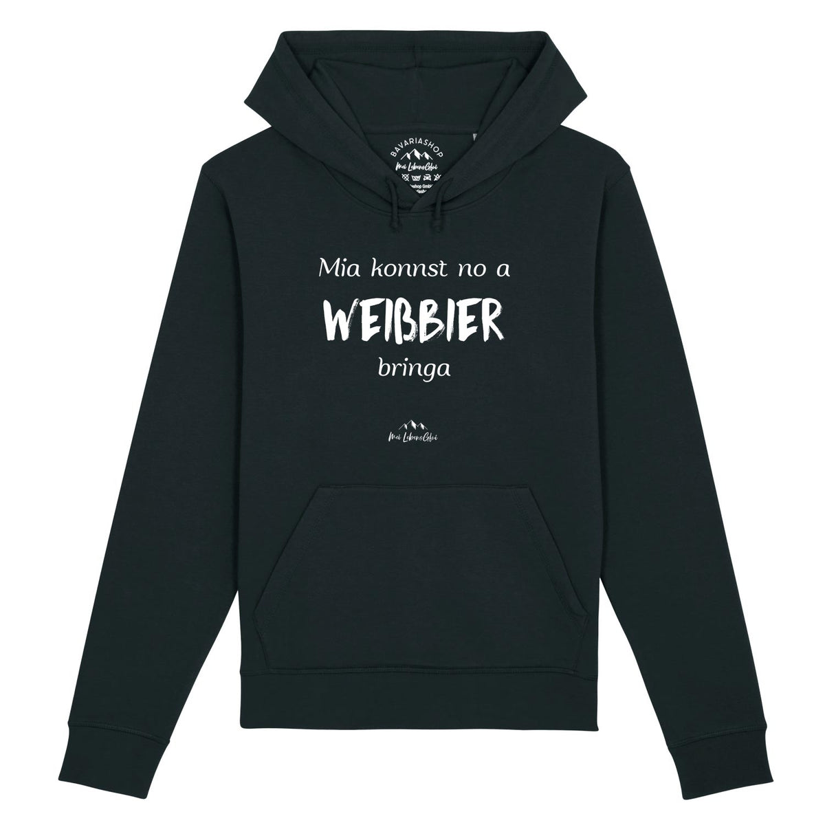 Herren Hoodie Mia konnst no a Weißbier bringa, schwarz, mit weißem bayerischem Text und Kapuze.