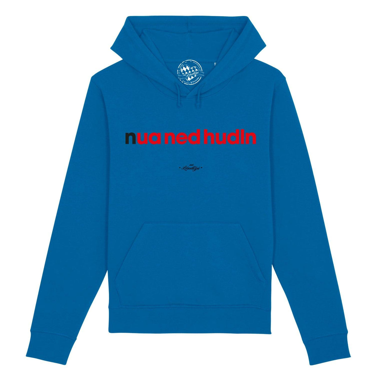 Herren Hoodie Nua ned hudln in leuchtendem Königsblau mit rotem Schriftzug und Kapuze, Frontansicht
