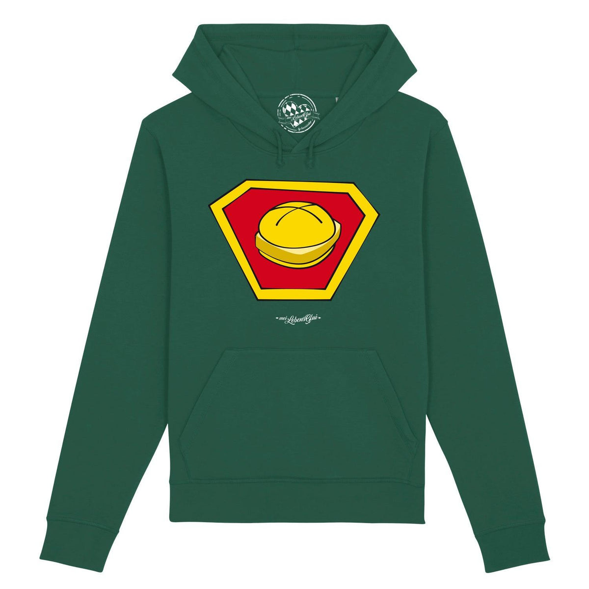 Dunkelgrüner Herren Hoodie Super-Lewakaas mit gelb-rotem Brustlogo im Comic-Stil, stylische Freizeitkleidung