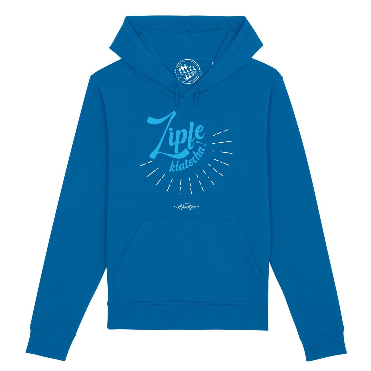 Blauer Herren Hoodie Zipfeklatscha mit hellem Schriftzug, Kapuze und Bauchtasche.