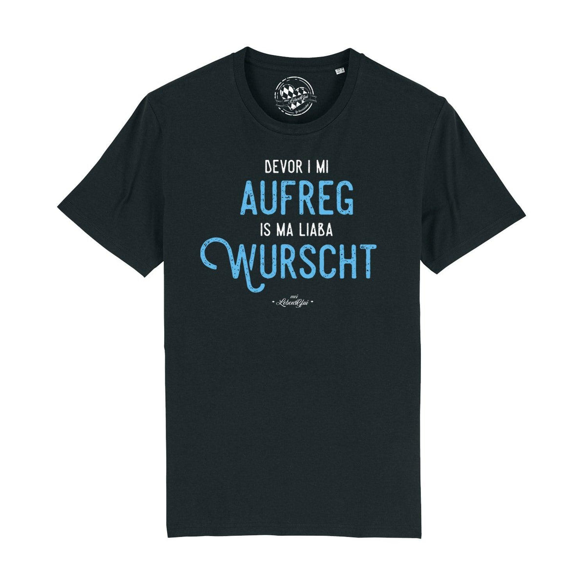 Herren T-Shirt "Bevor i mi aufreg..." in Schwarz mit blauem Spruch-Print, lässigem Schnitt und Rundhalsausschnitt.