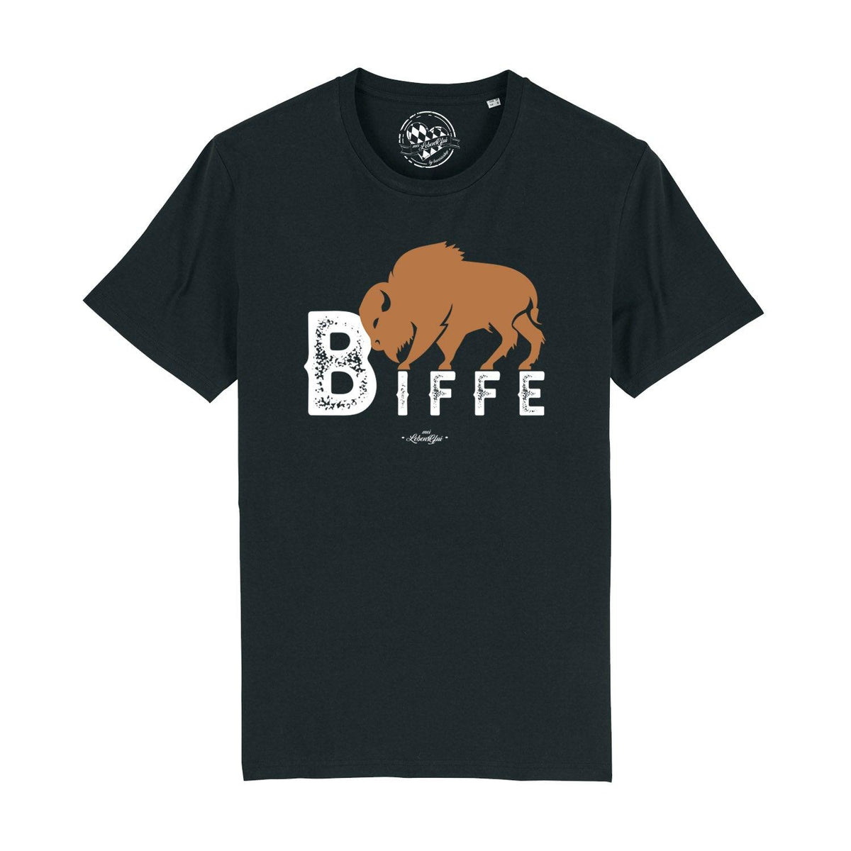 Schwarzes Herren T-Shirt Biffe mit braunem Bison-Motiv und stilisiertem Schriftzug in Weiß, Freizeitkleidung.