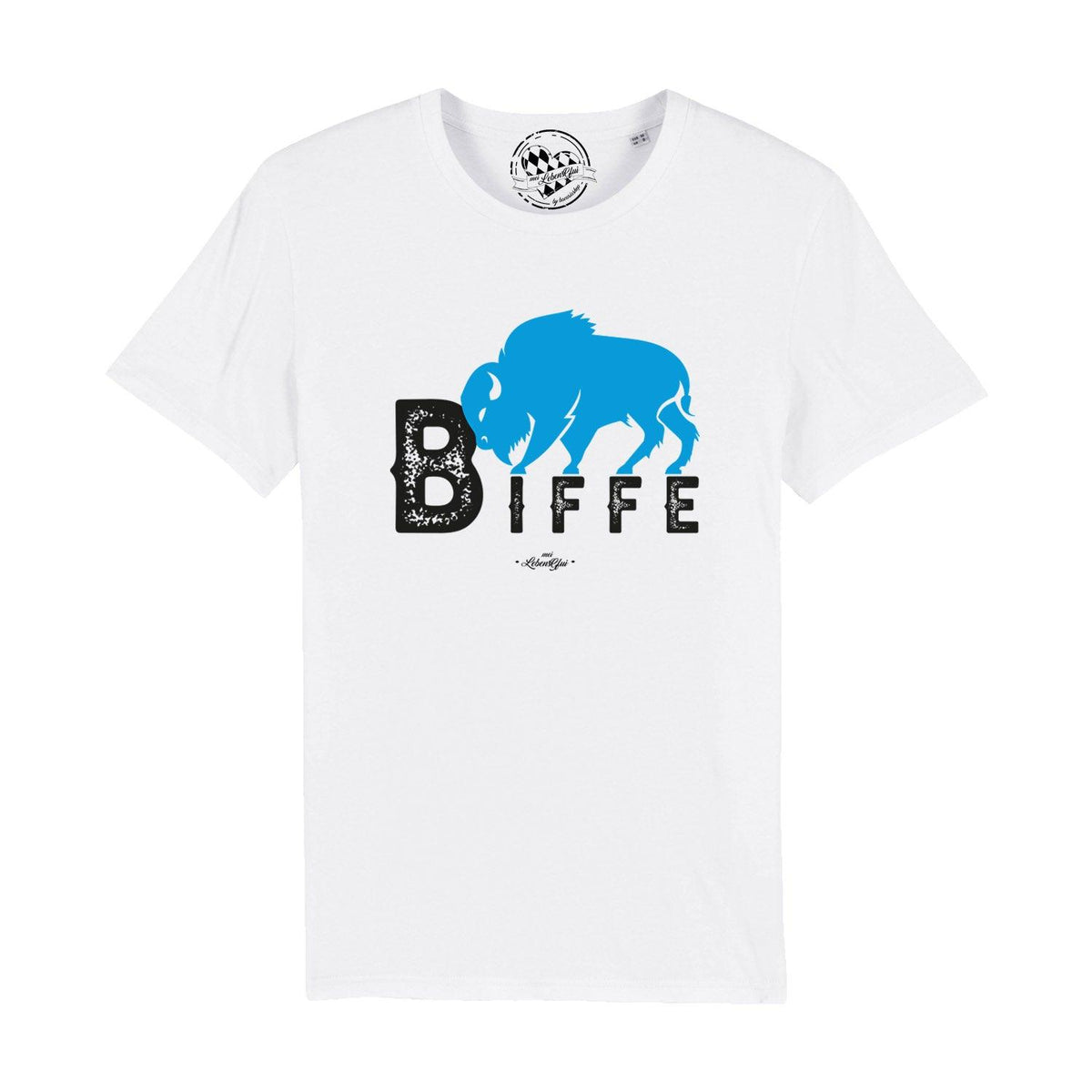 Weißes Herren T-Shirt Biffe mit blauem Bison-Druck und schwarzem Schriftzug, bequem und modern.