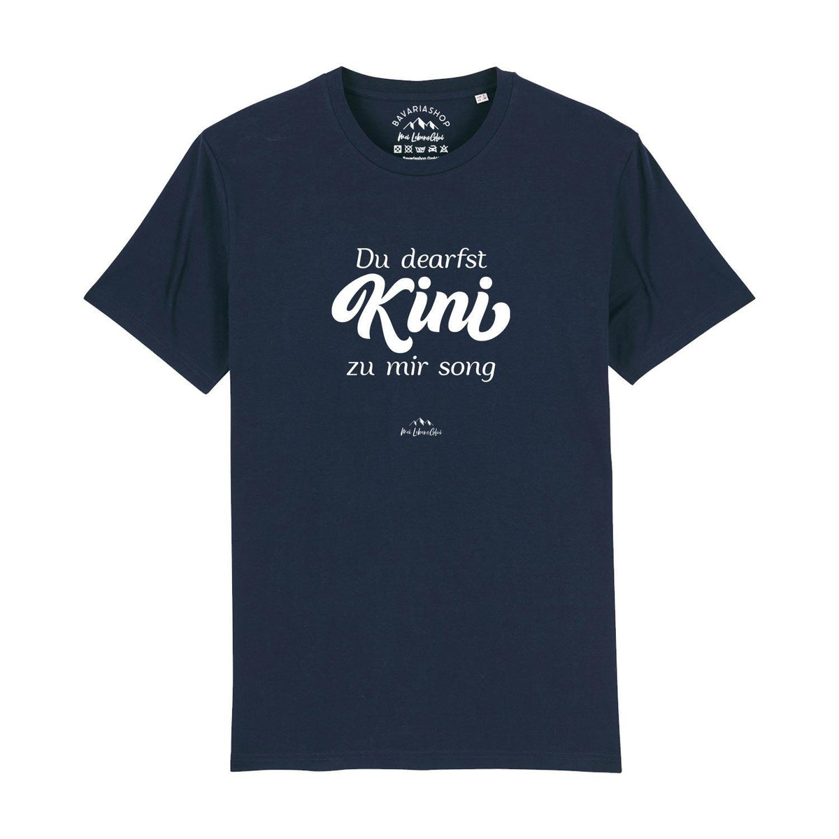 Dunkelblaues Herren T-Shirt "Du dearfst Kini zu mir sogn" mit weißem bayerischem Spruchdruck.
