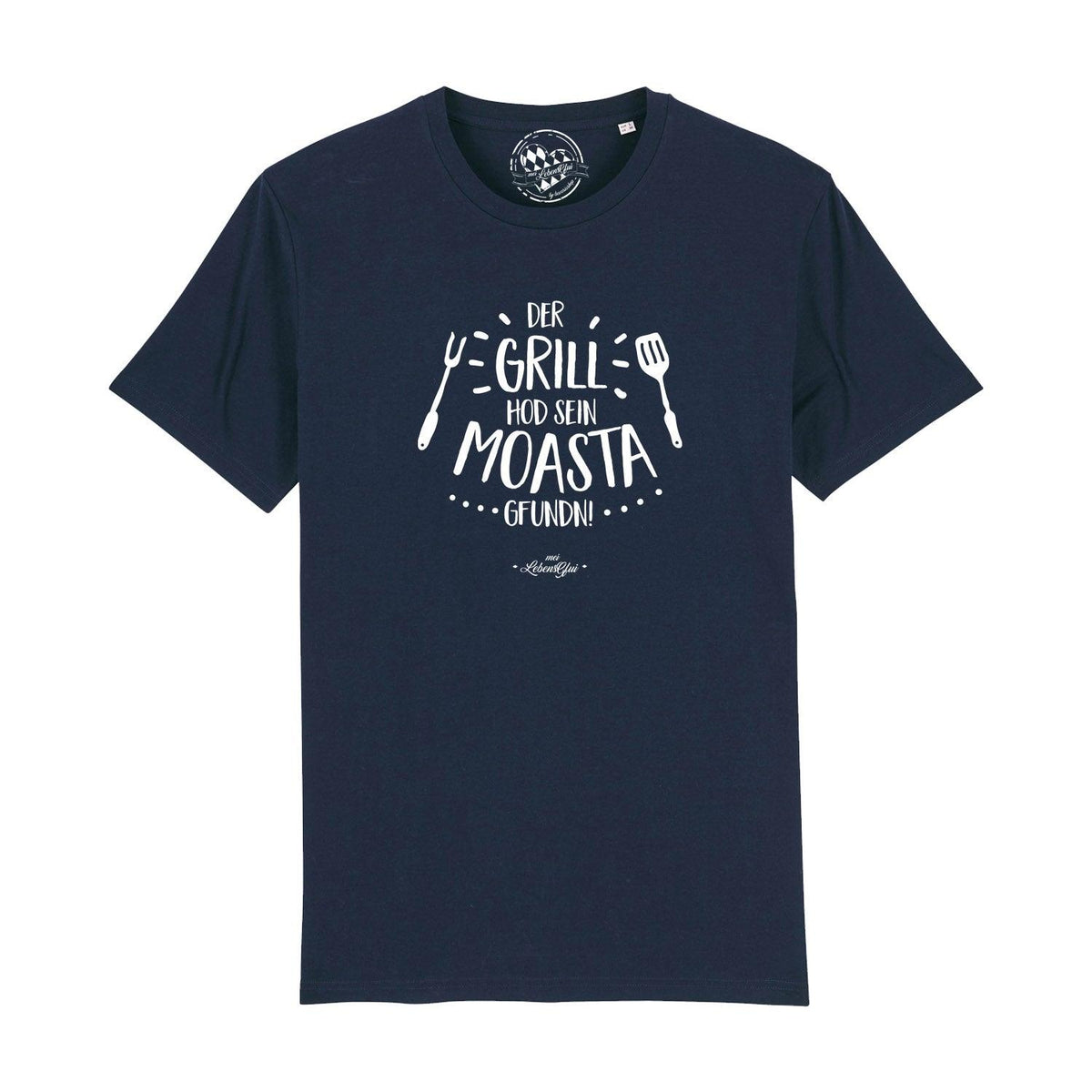Herren T-Shirt GrillMoasta in dunkelblau mit lustigem, weißem Grill-Spruch und Grillzubehör-Motiv.