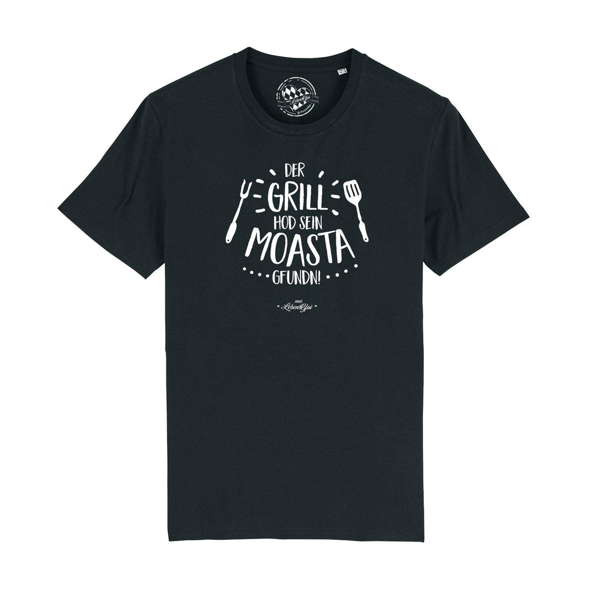 Schwarzes Herren T-Shirt "GrillMoasta" mit weißem Spruch "DER GRILL HOD SEIN MOASTA GFUADN!" und Grillbesteck Motiv.