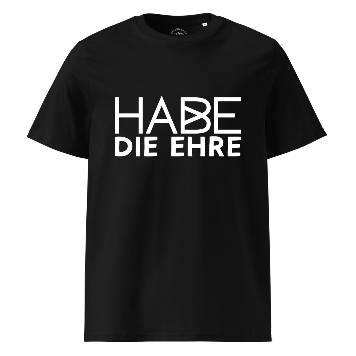 Schwarzes Herren T-Shirt mit weißem bayrischem Spruch "HABE DIE EHRE" auf der Brust.