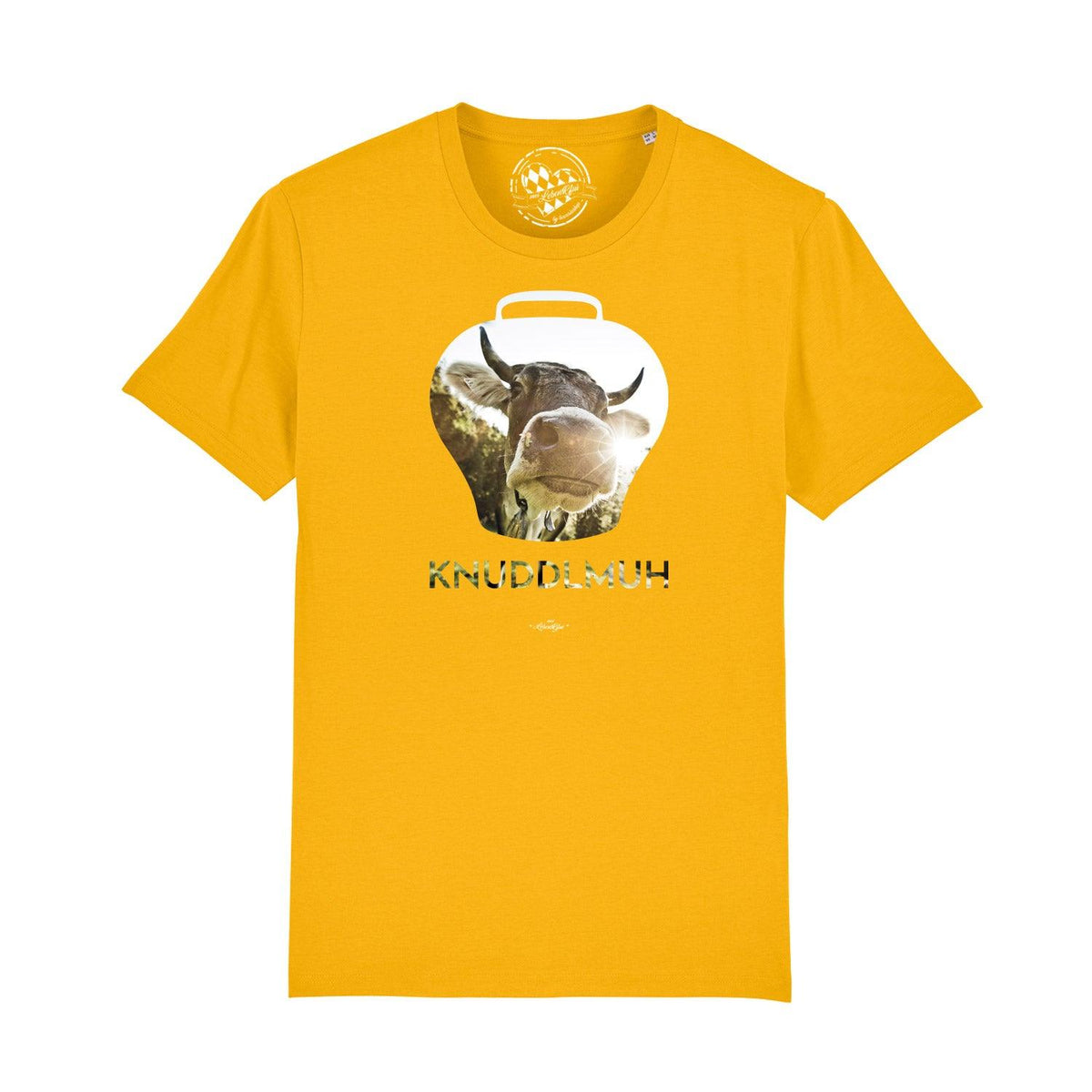 Gelbes Herren T-Shirt "Knuddlmuh" mit Kuh im Almglocken-Motiv und Schriftzug, modernes Design.