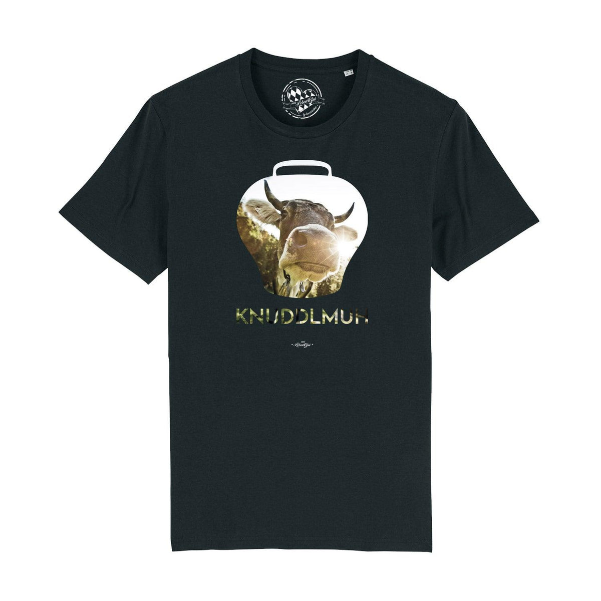 Schwarzes Herren T-Shirt Knuddlmuh mit Kuhmotiv und Almglocke auf der Brust, Rundhalsausschnitt.