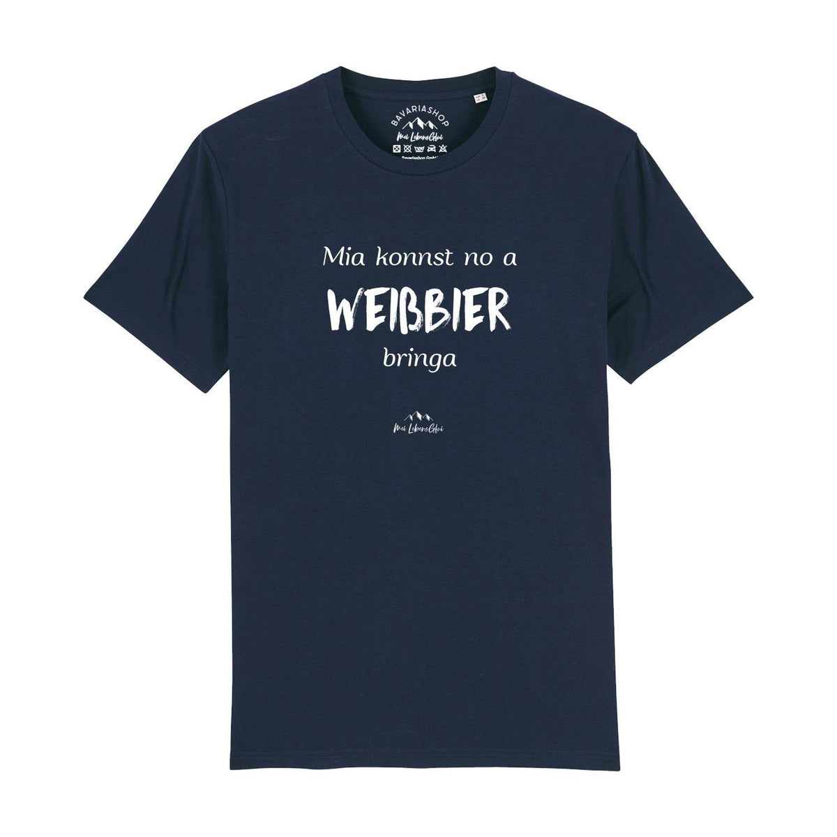 Dunkelblaues Herren T-Shirt Mia konnst no a Weißbier bringa mit weißem Spruch und Alpenlogo, Rundhalsausschnitt.