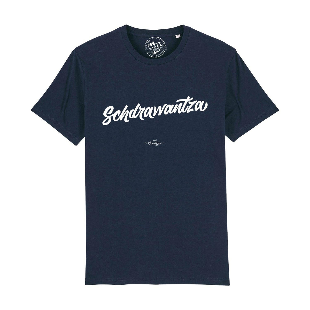 Dunkelblaues Herren T-Shirt Schdrawantza mit weißem Schriftzug auf der Vorderseite und Rundhalsausschnitt.