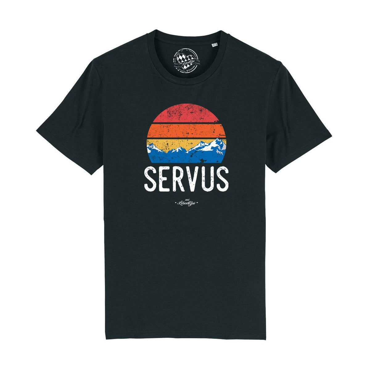 Schwarzes Herren T-Shirt Servus Berge mit farbigem Retro-Druck von Sonne und alpiner Berglandschaft