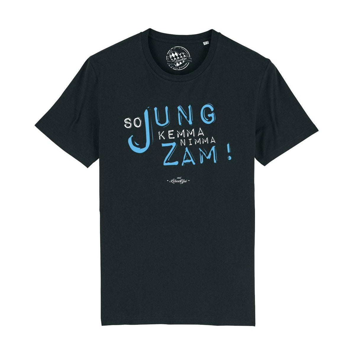 Schwarzes Herren T-Shirt "So jung" mit blau-weißem Statement-Print zum Thema Lebensfreude, leger und modern.