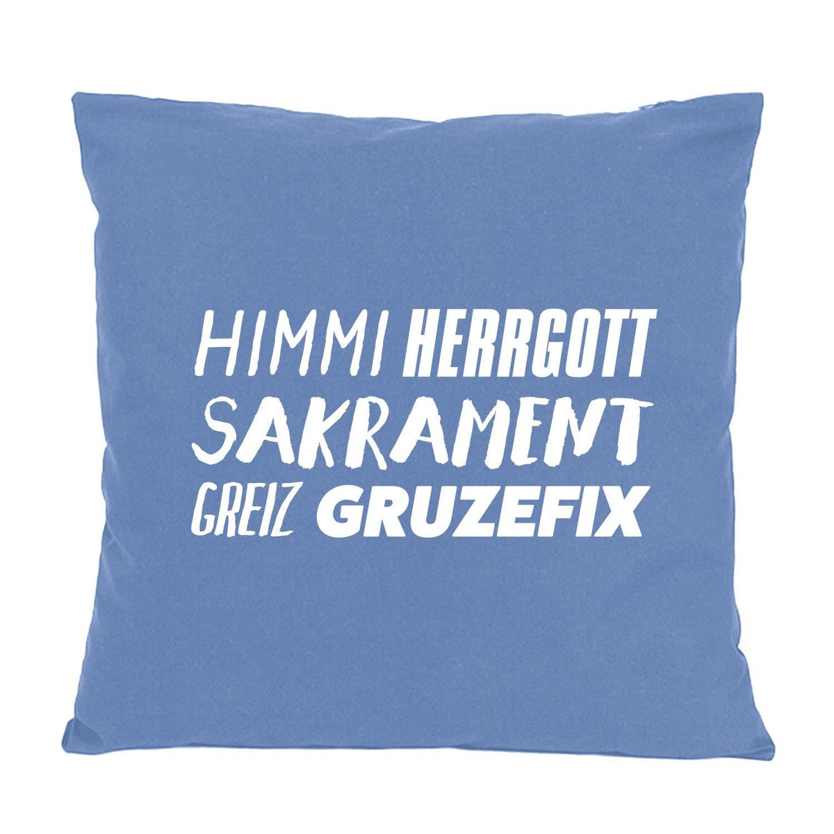 Blaues Kissen Himmi Herrgott Sakrament Greiz Gruzefix mit weißem Schriftzug, Dekoration für Sofa und Bett.