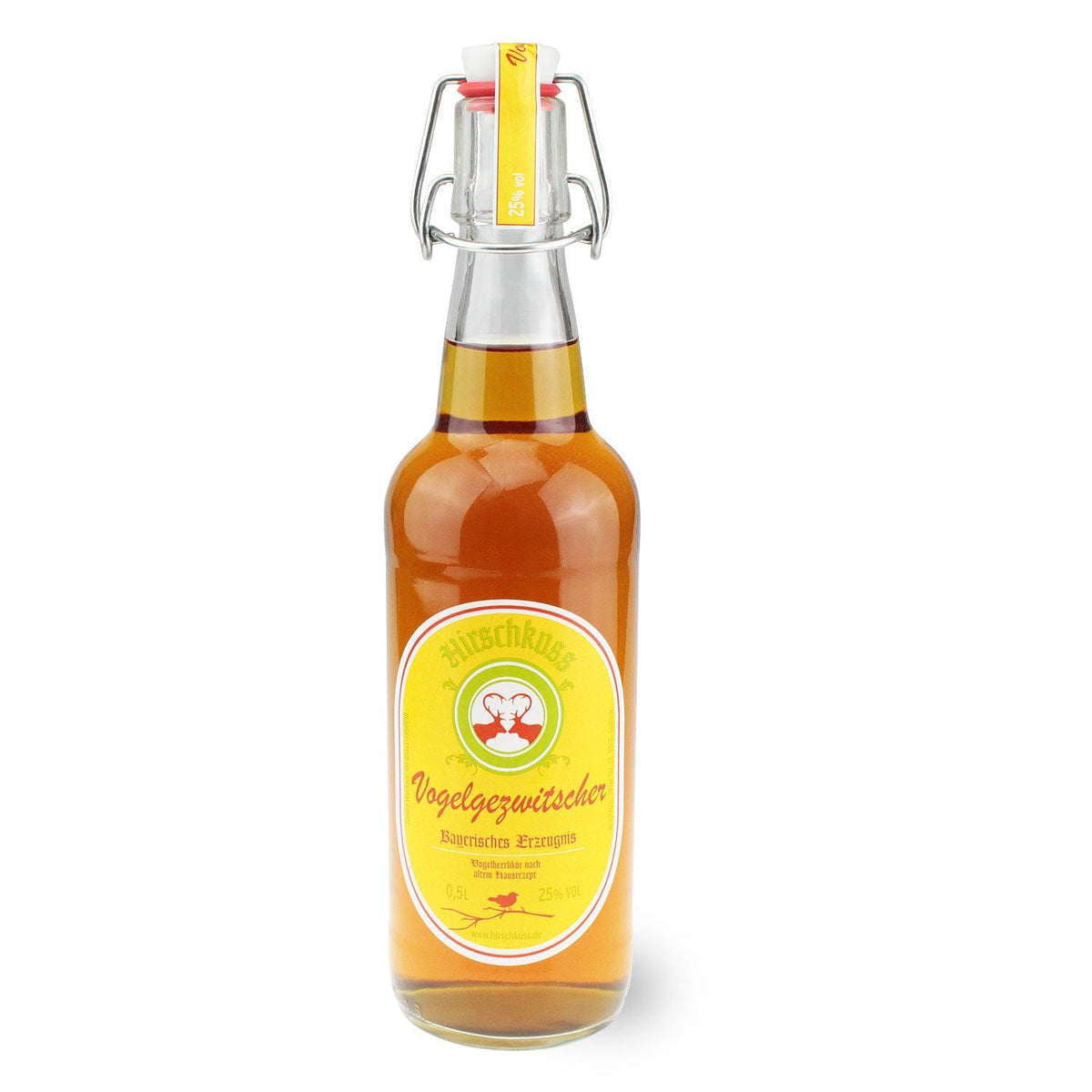 Fruchtiger Vogelbeerlikör in klarer Glasflasche mit rotem Bügelverschluss und floraler Etikettengrafik, 0,5 L.