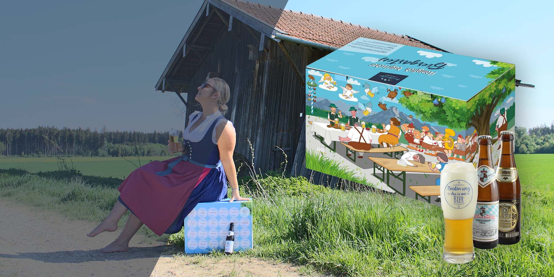 Frau im Dirndl sitzt auf hellblauem Bierkasten mit Bierflaschen neben einem Biergarten-Geschenkarton.