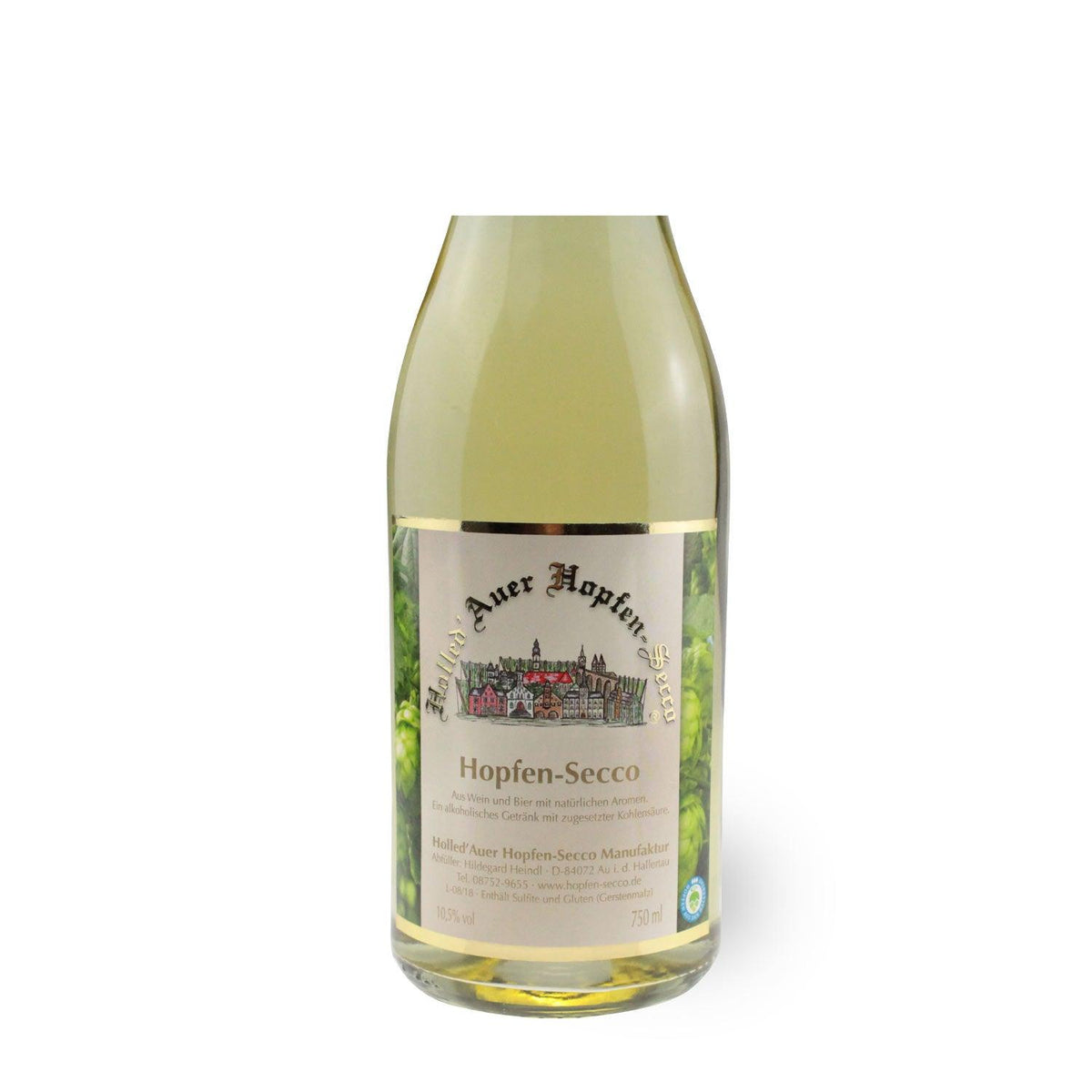 Spritziger Hopfen-Secco mit feiner Perlage, goldgelber Farbe, hergestellt aus Wein und Bier, 0,75 Liter Flasche.