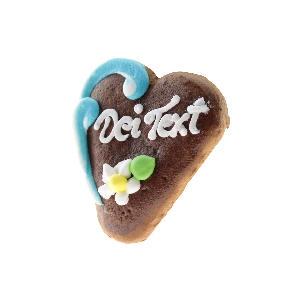 Lebkuchenherz mit blauem Zuckerstreifen, weißer Schrift "Dei Text" und kleiner Blüte