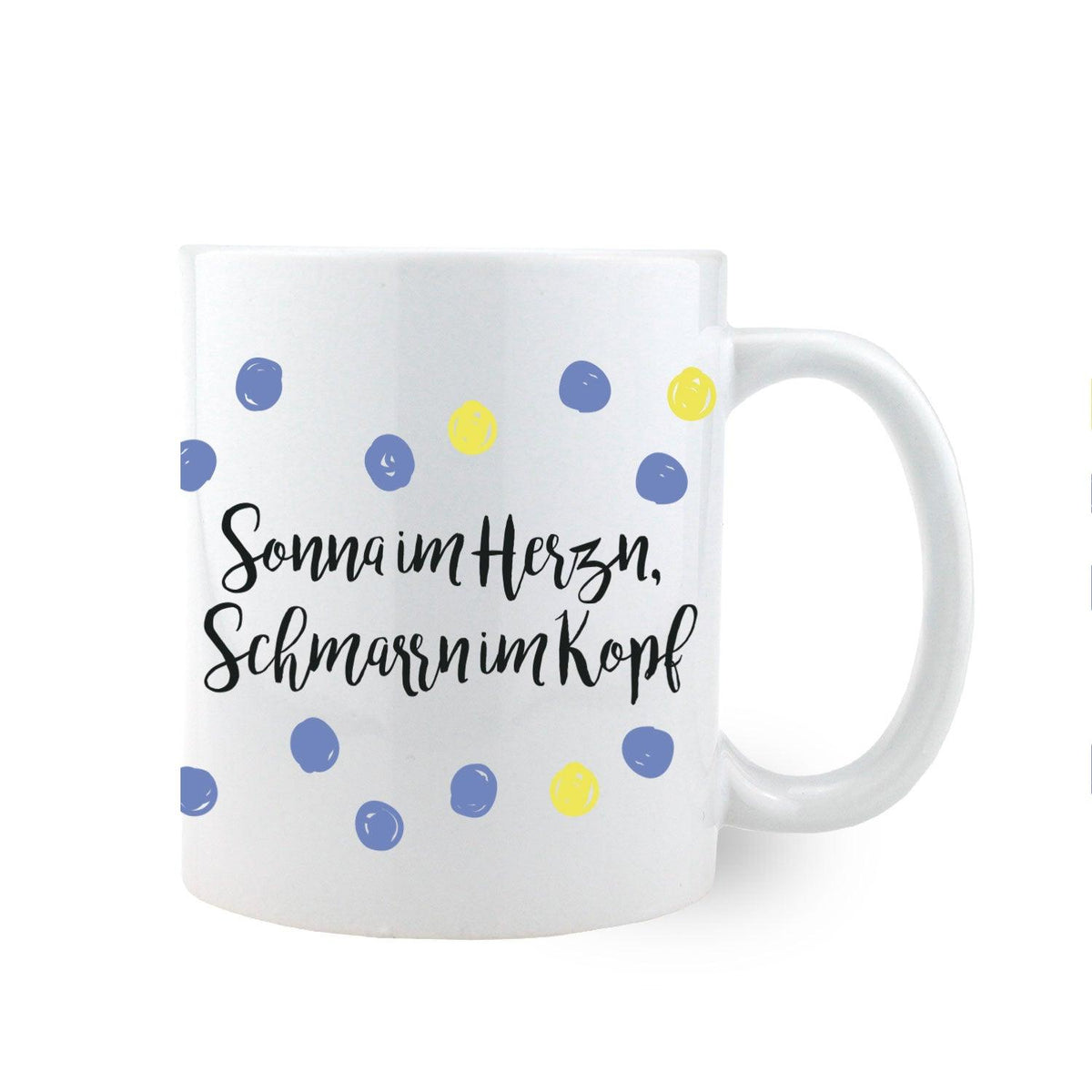 Kaffee Haferl Sonna im Herzn mit Spruch und blauen/gelben Punkten, ideal für Morgenkaffee.