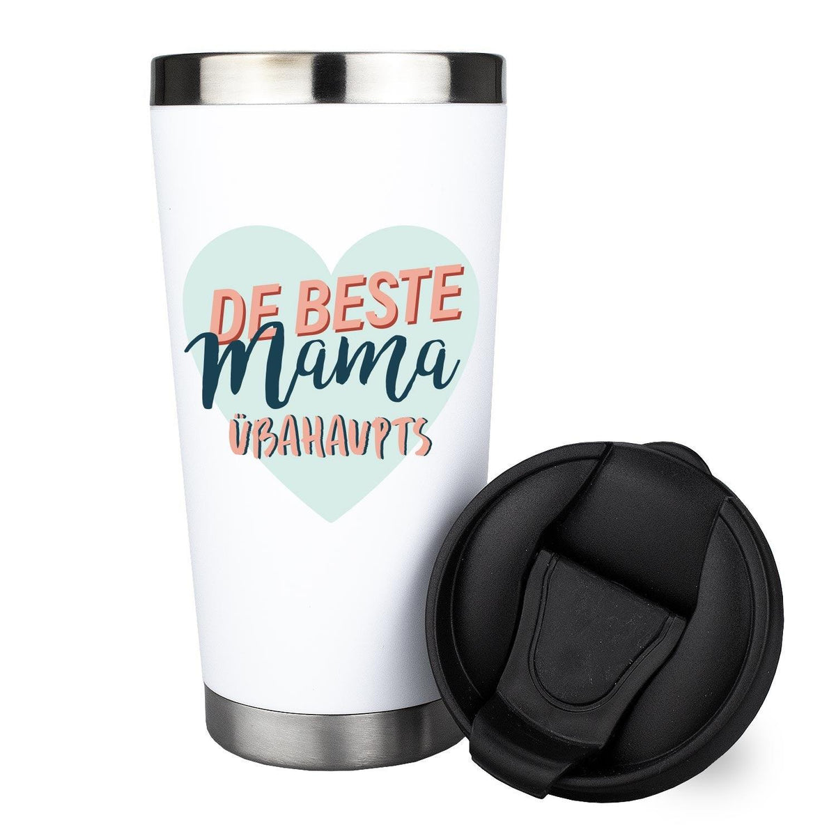 Weißer Thermo-Becher Beste Mama mit hellblauem Herz-Design und schwarzem Deckel, Edelstahlboden und -rand.