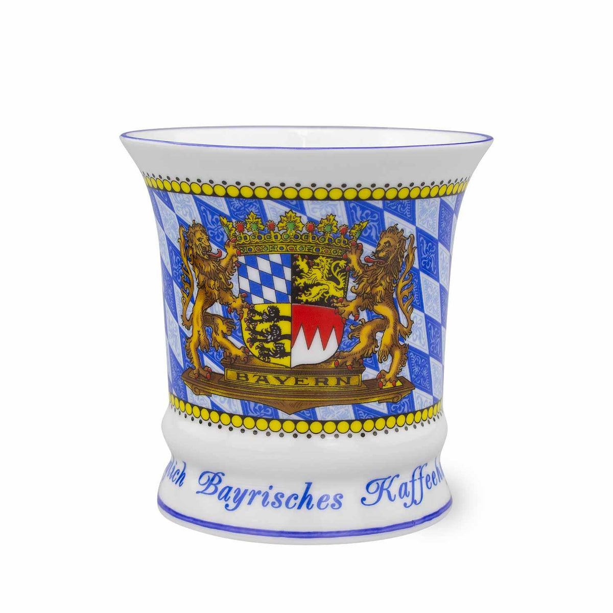 Kaffeetasse königlich bayerisch von vorne: Bayern-Wappen mit Krone, zwei goldenen Löwen und Schriftband BAYERN auf weiß-blauen Rauten