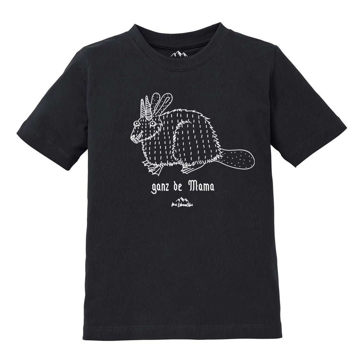 Schwarzes Kinder T-Shirt Wolpertinger Ganz de Mama mit weißem, detailliert gezeichnetem Fabeltier-Motiv.