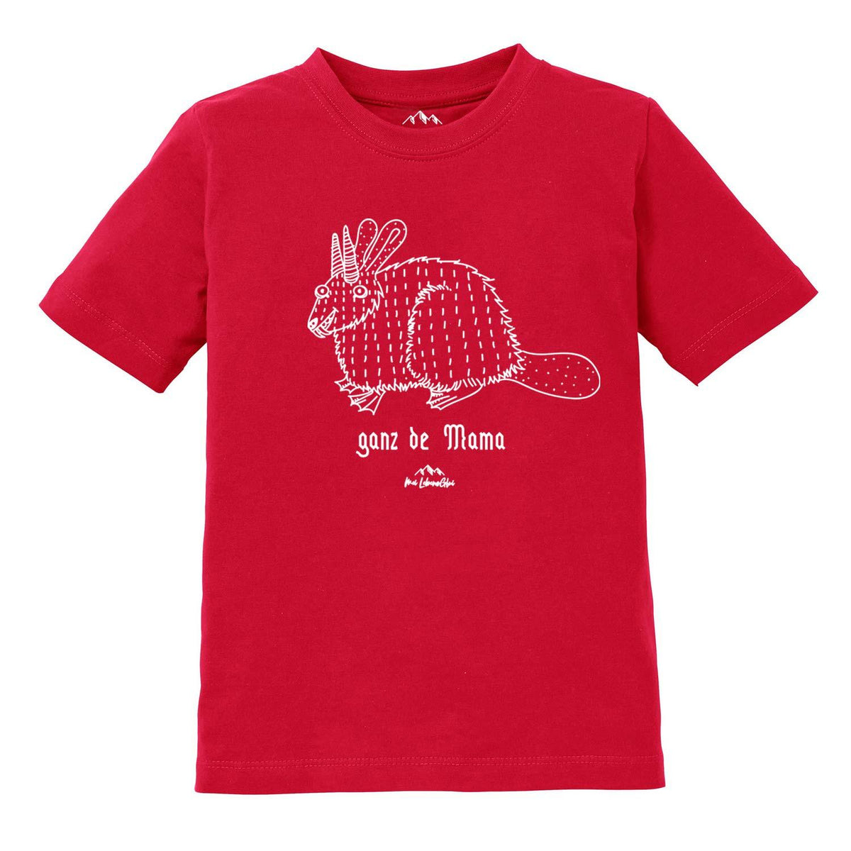 Rotes Kinder T-Shirt Wolpertinger “Ganz de Mama” mit weißem Wolpertinger-Print und Text auf der Brust.