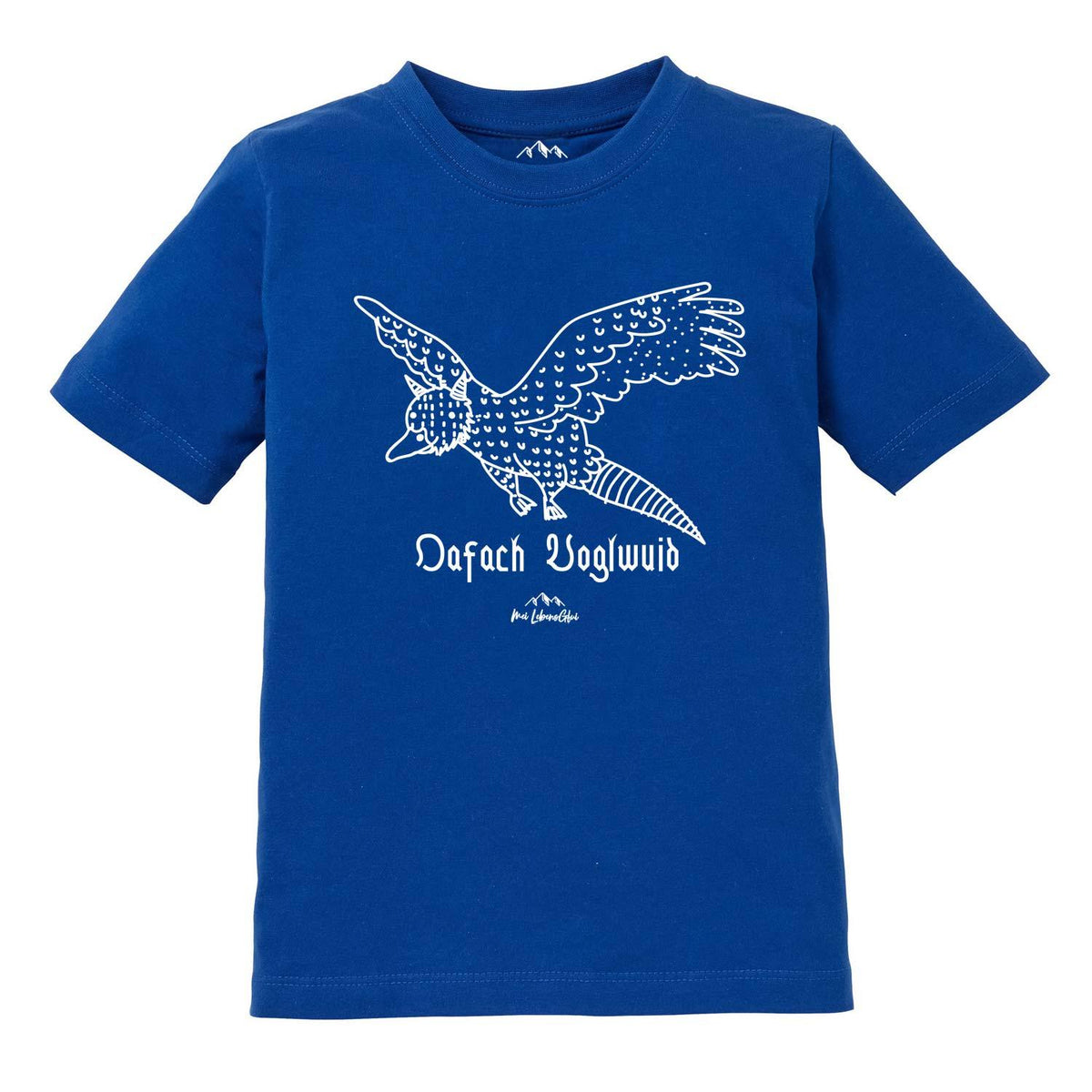 Kinder T-Shirt Wolpertinger “Oafach Voglwuid” in Blau mit detailliertem weißem Wolpertinger-Druck auf der Vorderseite