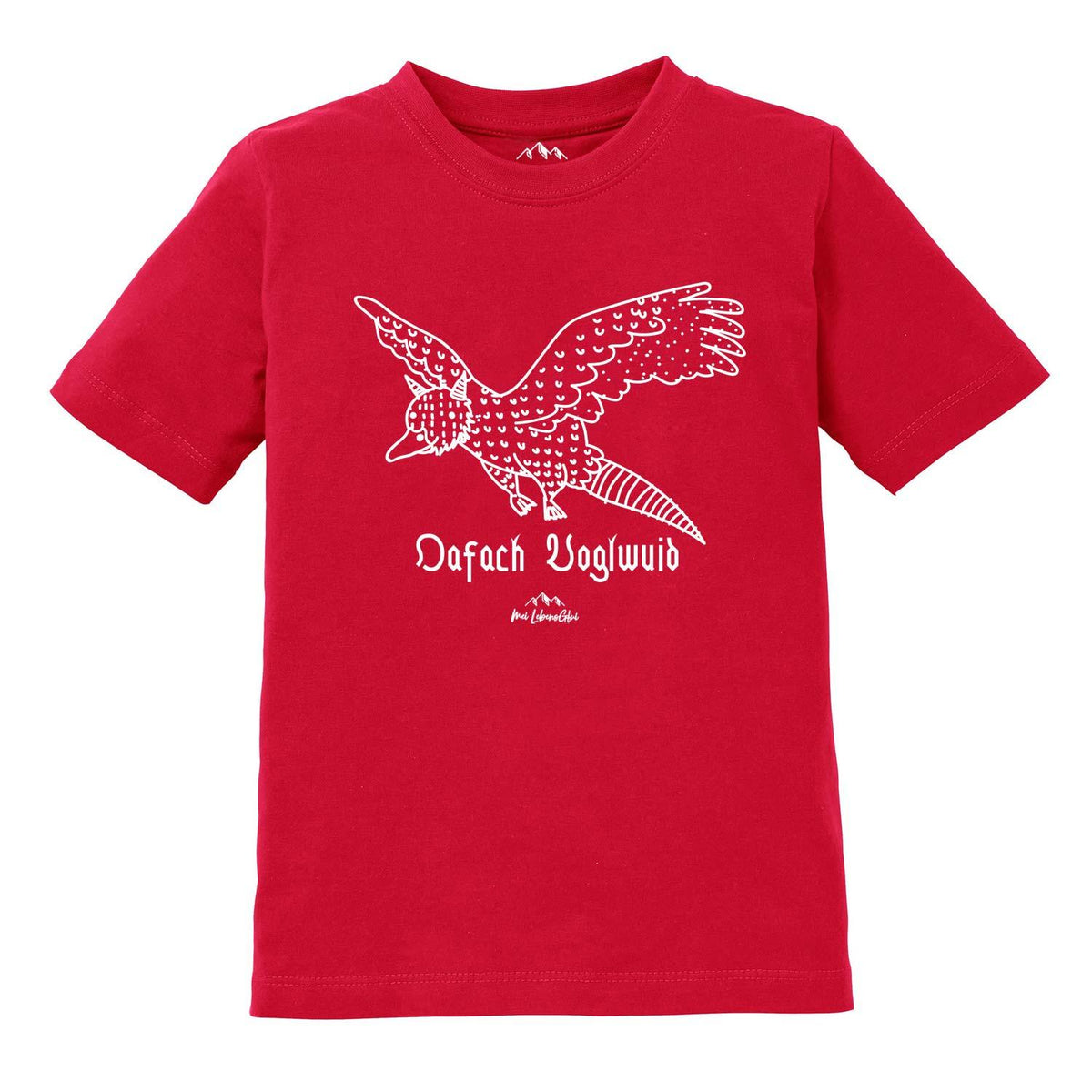Rotes Kinder T-Shirt Wolpertinger Oafach Voglwuid mit weißem Grafikdruck des Fabelwesens und Schriftzug.