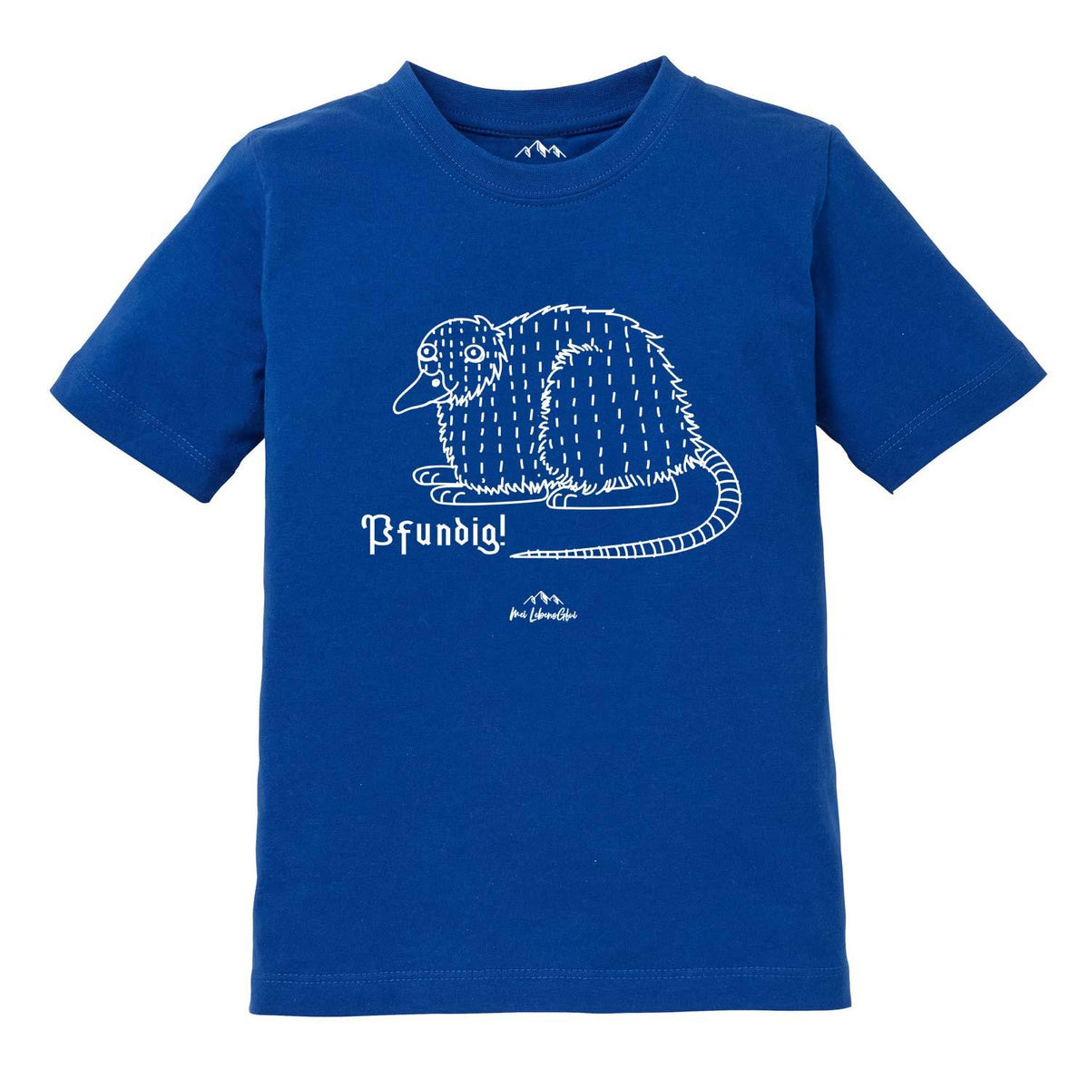 Kinder T-Shirt Wolpertinger “Pfundig” in leuchtendem Blau mit weißer Wolpertinger-Grafik und Schriftzug