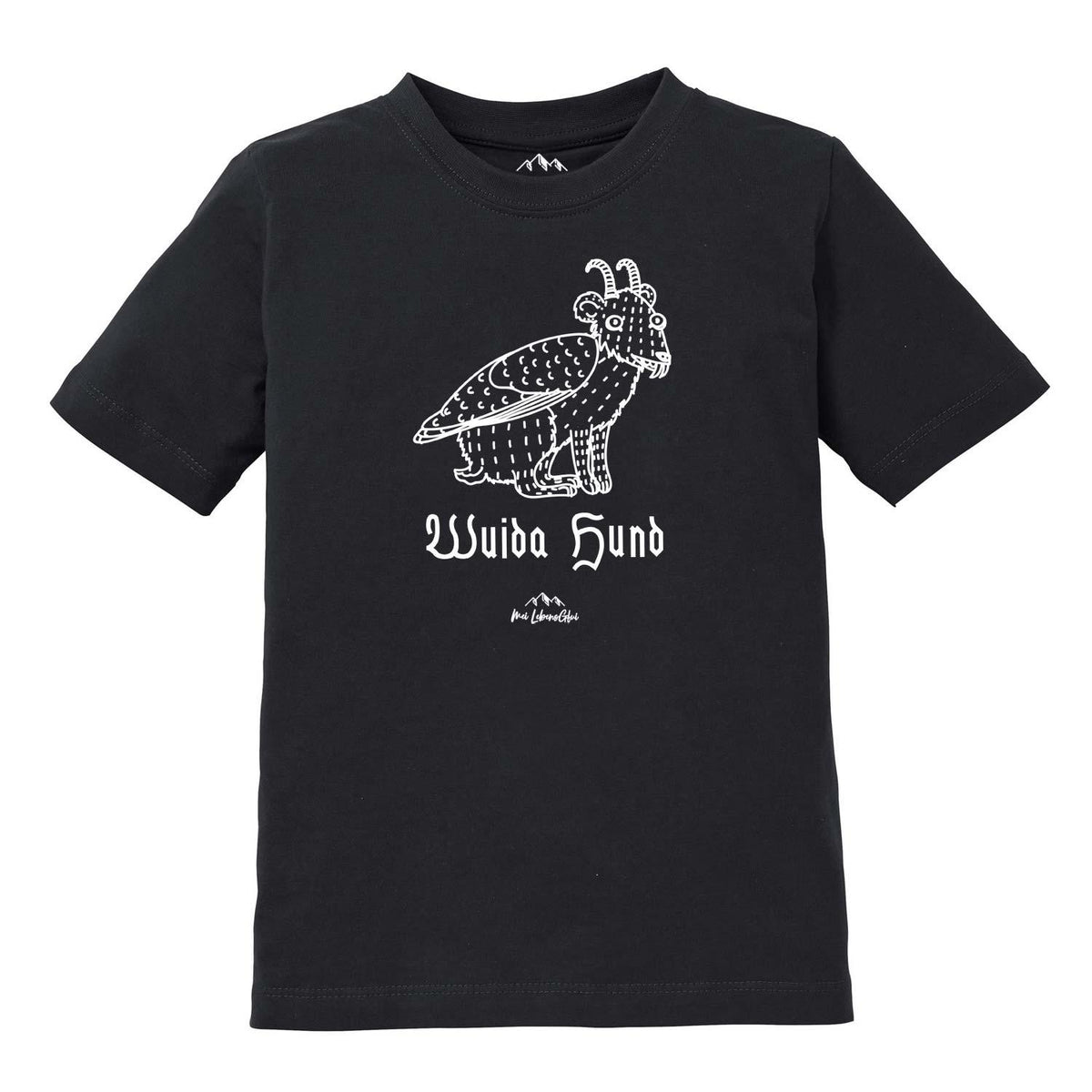 Schwarzes Kinder T-Shirt Wolpertinger Wuida Hund mit detailreicher, weißer Fabelwesen-Illustration und Schriftzug.