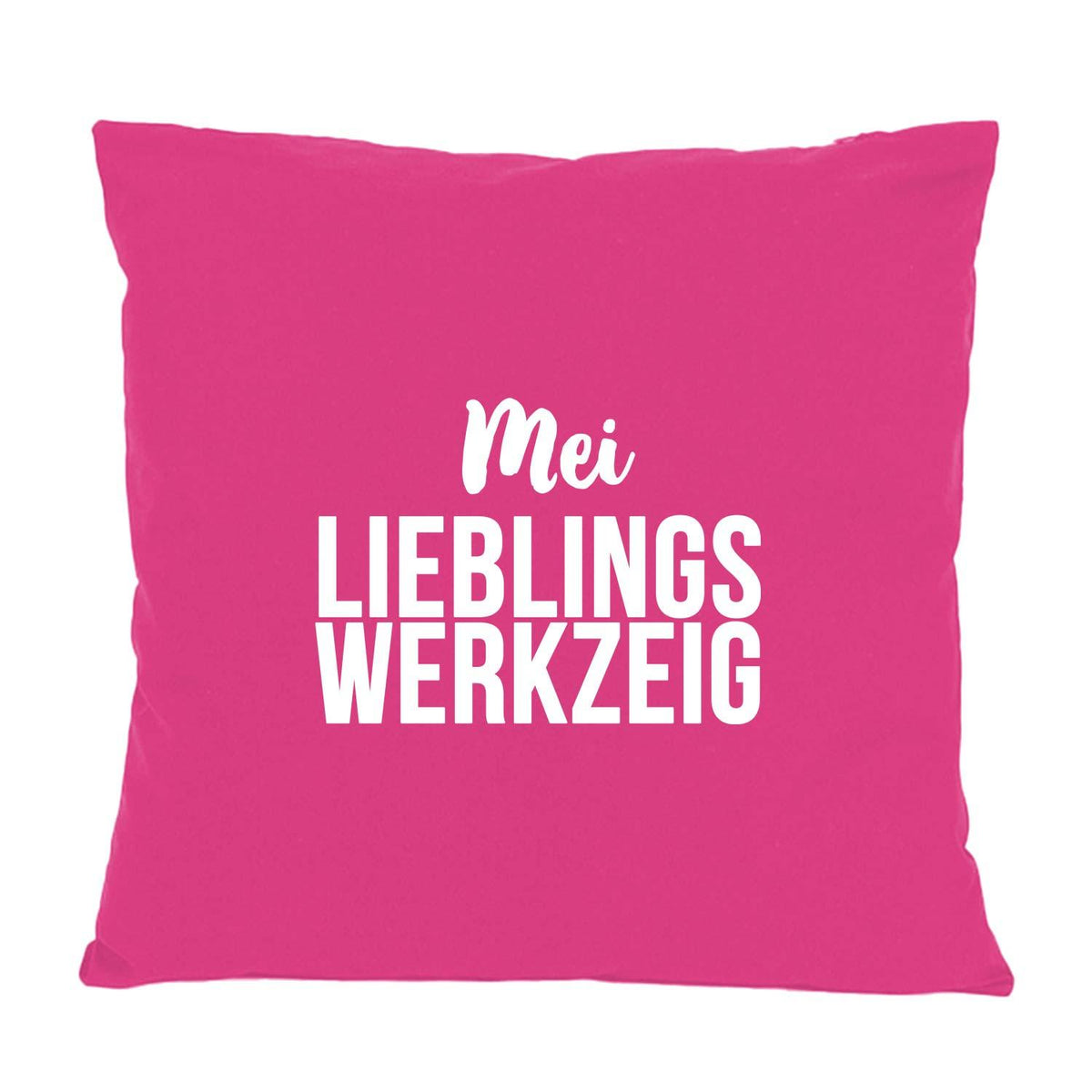 Rosa Kissen Mei Lieblingswerkzeig mit weißem Schriftzug, quadratisch und weich, für Dekoration oder als Geschenk.
