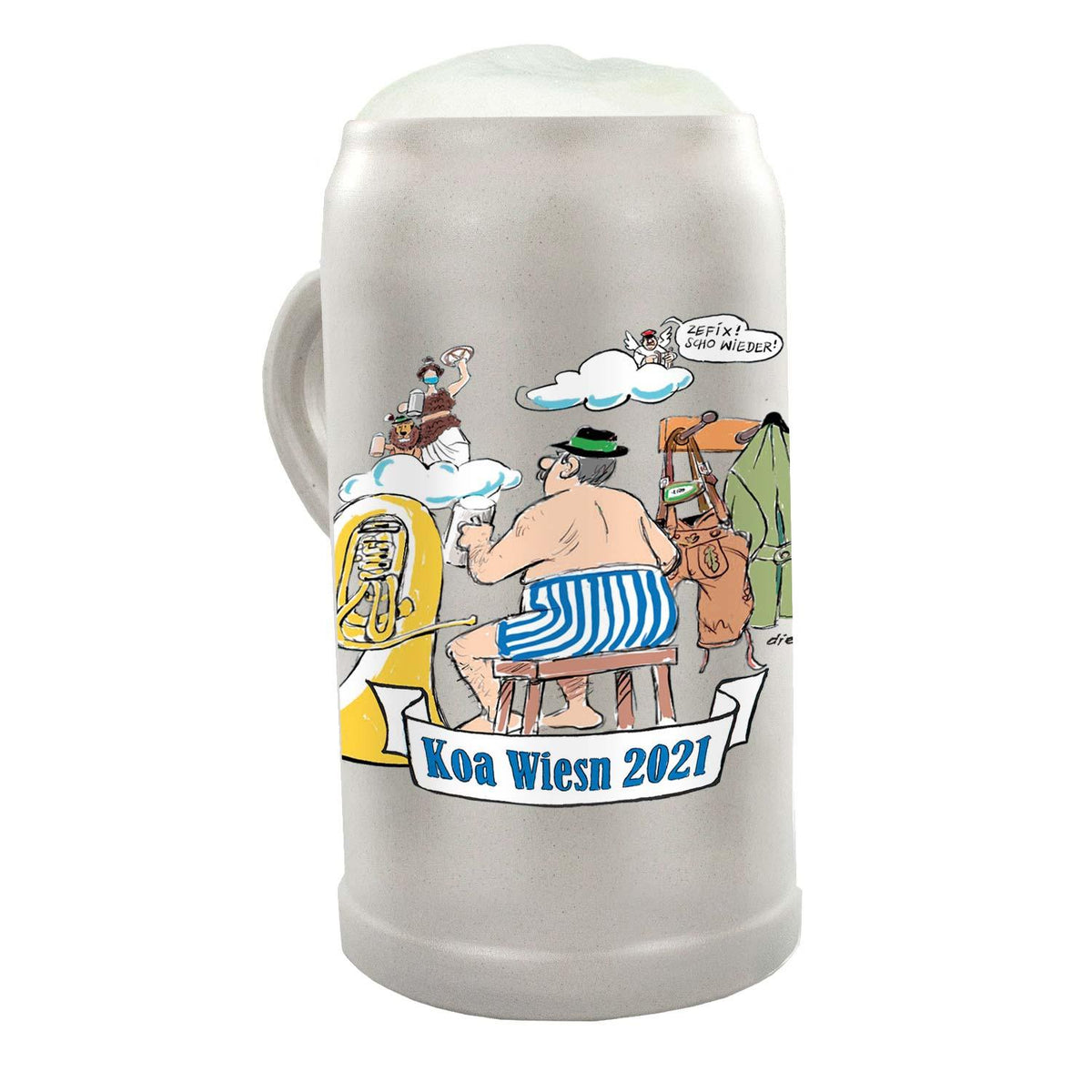 Koa Wiesnkrug 2021 aus Steingut mit humorvoller Karikatur von bajuwarischem Mann und himmlischen Gestalten beim Bier.