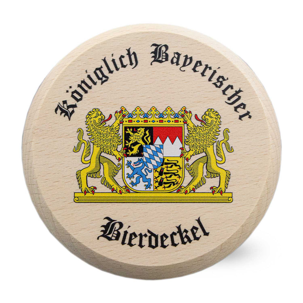 Runder Königlich Bayrischer Holz-Bierdeckel mit farbigem bayerischem Wappen und schwarzem Schriftzug "Königlich Bayerischer Bierdeckel".