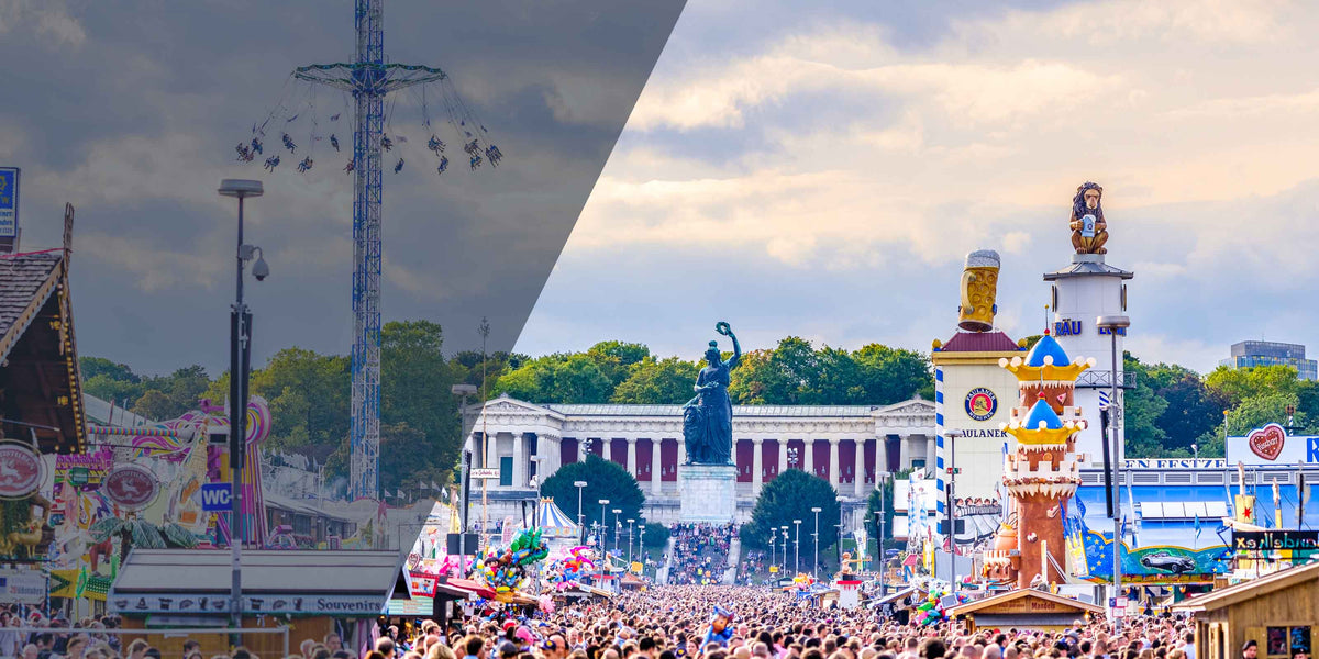Eindrucksvolle Szenerie des Münchner Oktoberfests mit Fahrgeschäften und Festzelten für bayerische Tradition und Gemütlichkeit.