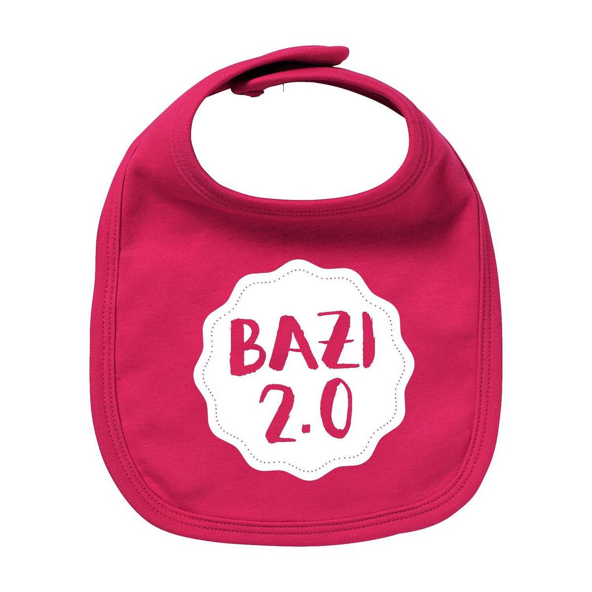 Rosa Lätzchen "Bazi 2.0" mit weißem Aufdruck und Klettverschluss für Babys und Kleinkinder, weiches Baumwollmaterial