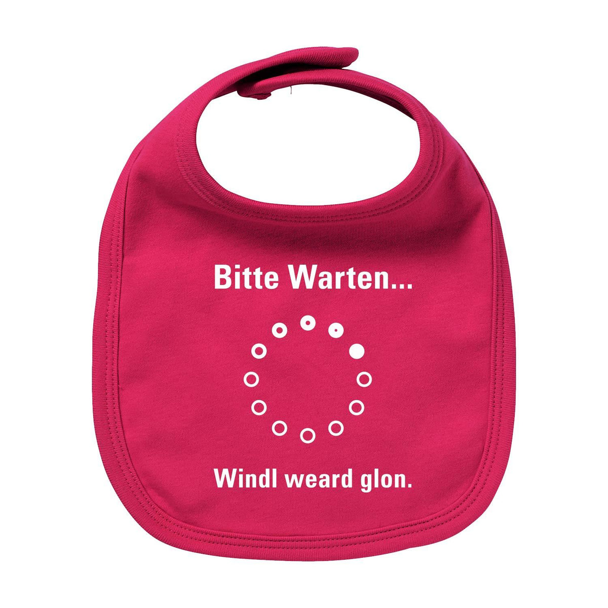 Lätzchen Bitte wartn... in Rot mit lustigem Spruch Windl weard glon und Lade-Symbol für Babys