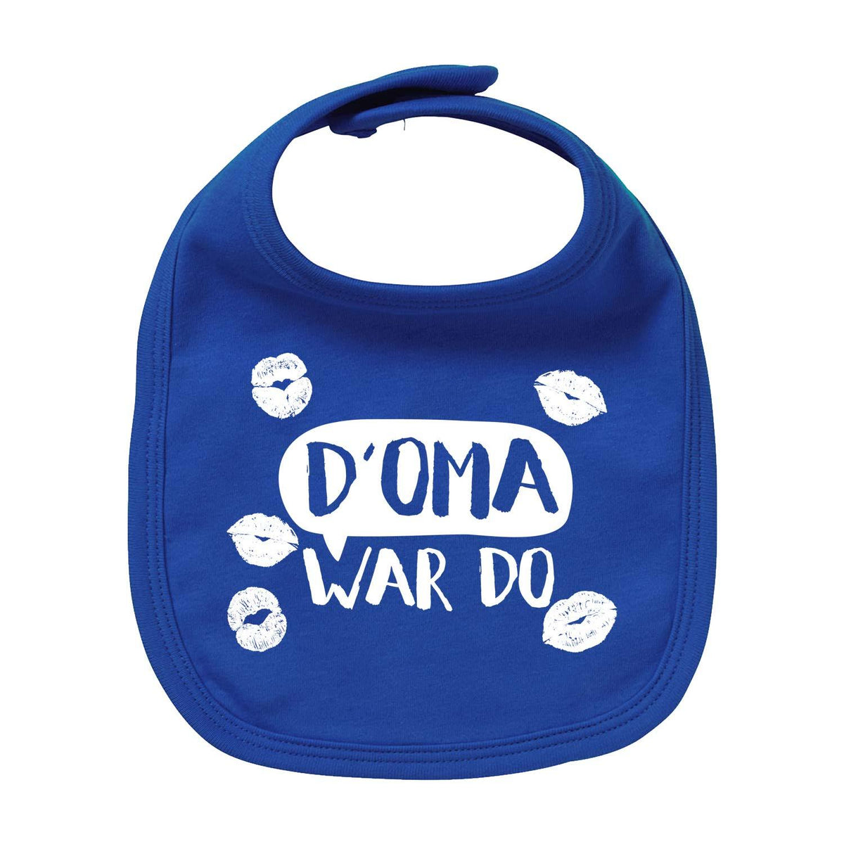 Lätzchen D' Oma war do in Blau mit weißem Druck und Kussmündern, ideal für Babys und Kleinkinder.