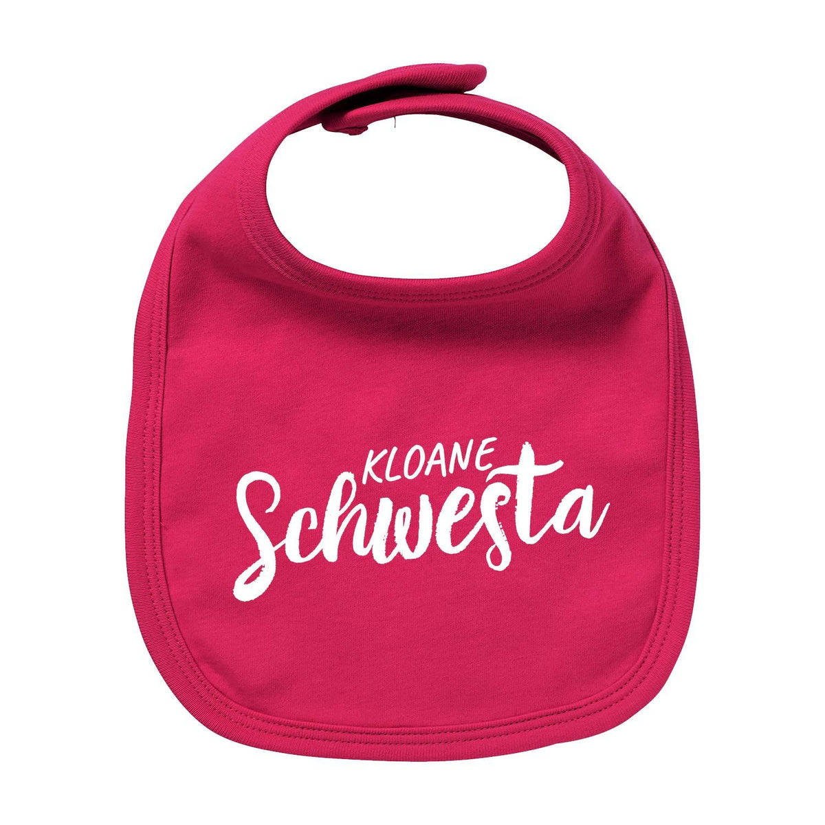 Pinkes Lätzchen Kloane Schwesta mit weißem Aufdruck und Klettverschluss für Babys, saugstark und weich.