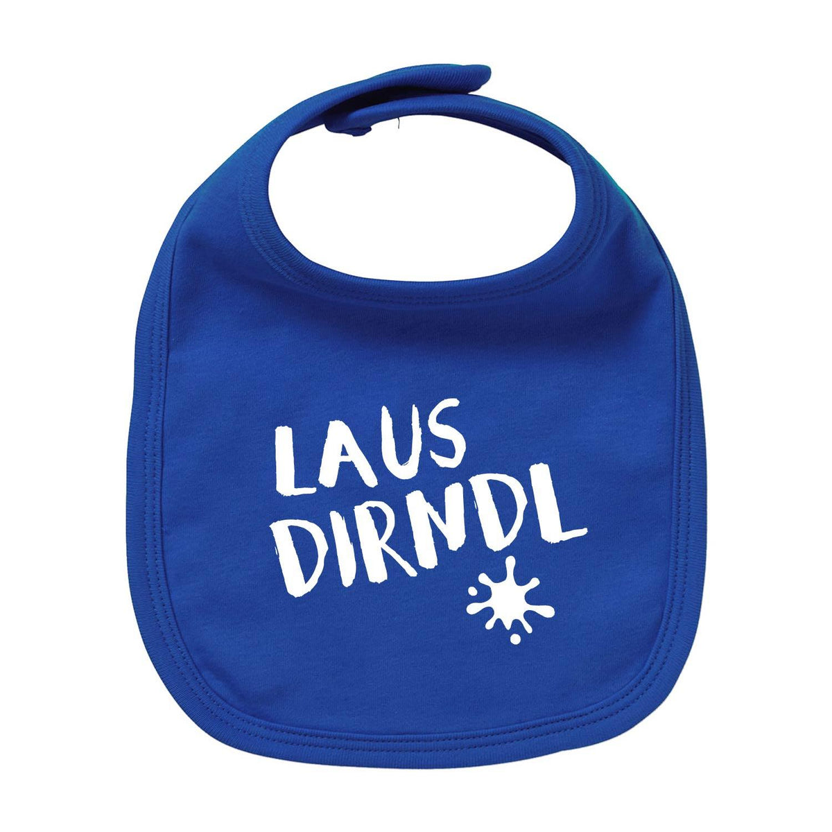 Dunkelblaues Baby-Lätzchen Lausdirndl mit weißem Schriftzug und weißem Klecks-Motiv in bayerischem Stil.