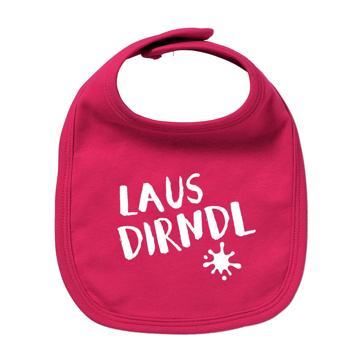 Fuchsiafarbenes Lätzchen Lausdirndl aus Baumwolle mit weißem Spruch und Klecks-Motiv für Babys.