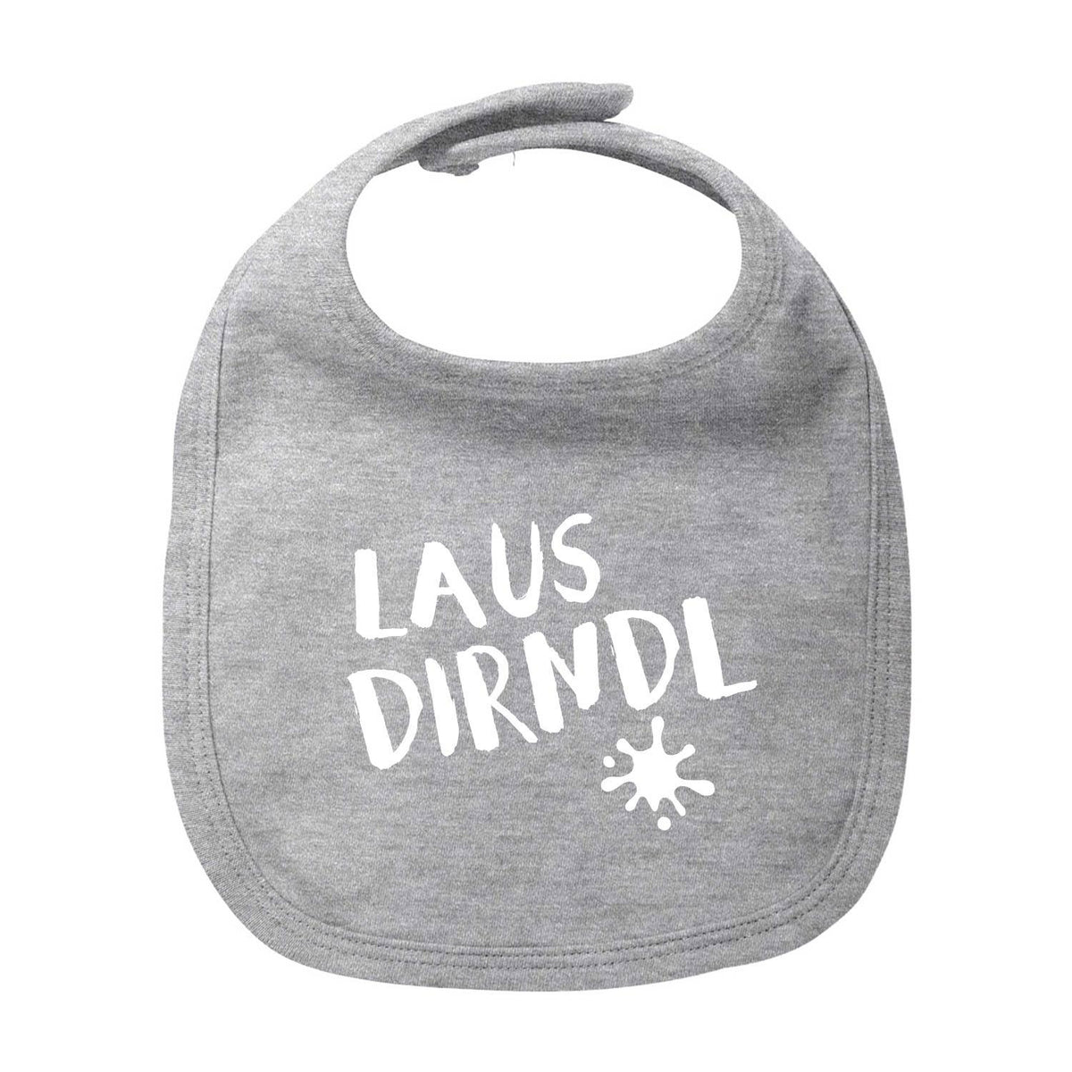 Graues Baby Lätzchen "Lausdirndl" mit weißem Schriftzug und süßem Fleckmotiv, Klettverschluss für Mädchen