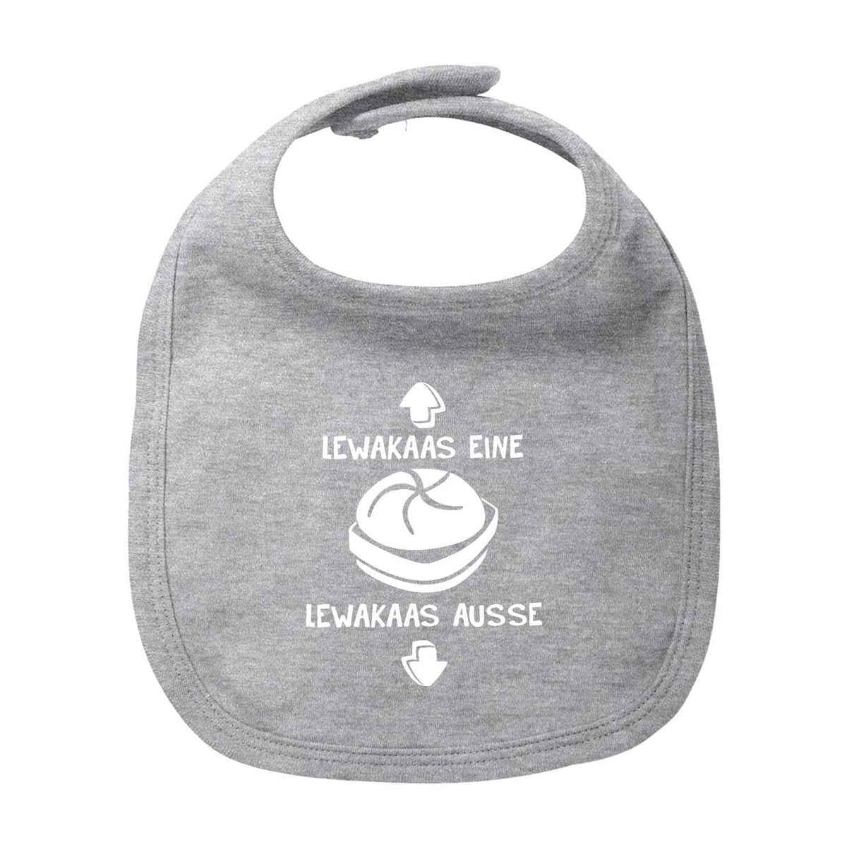 Graues Lätzchen "Lewakaas" für Babys mit weißem Aufdruck einer Semmel und bayerischem Spruch.