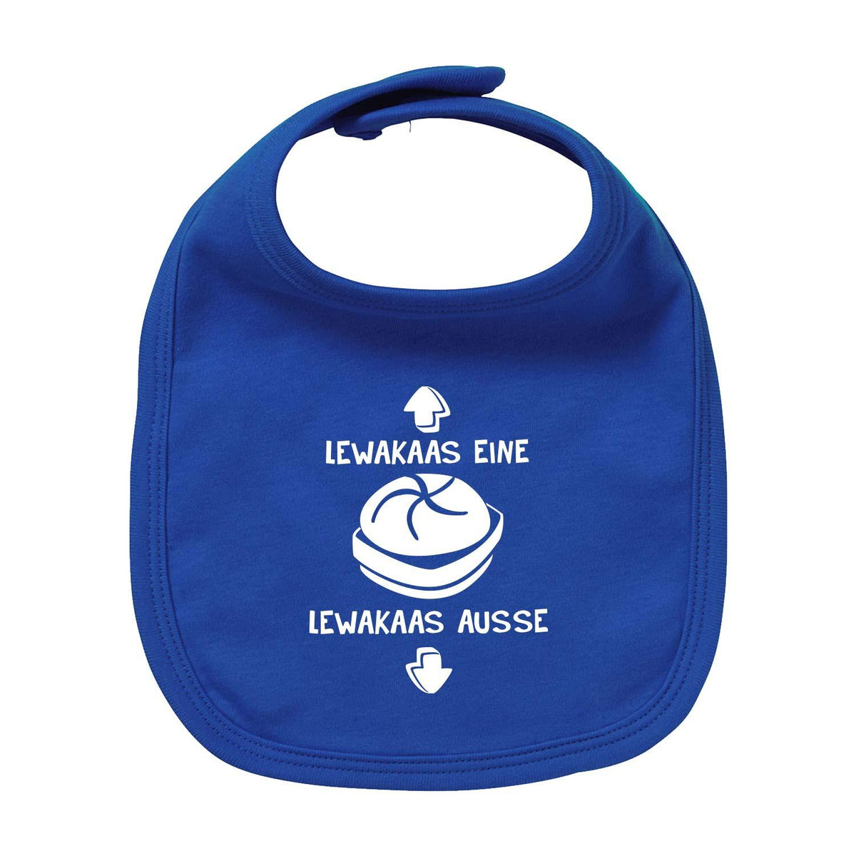 Lätzchen mit dem Spruch "Lewakaas Eine, Lewakaas Ausse" und Brötchen-Motiv in Blau für Babys